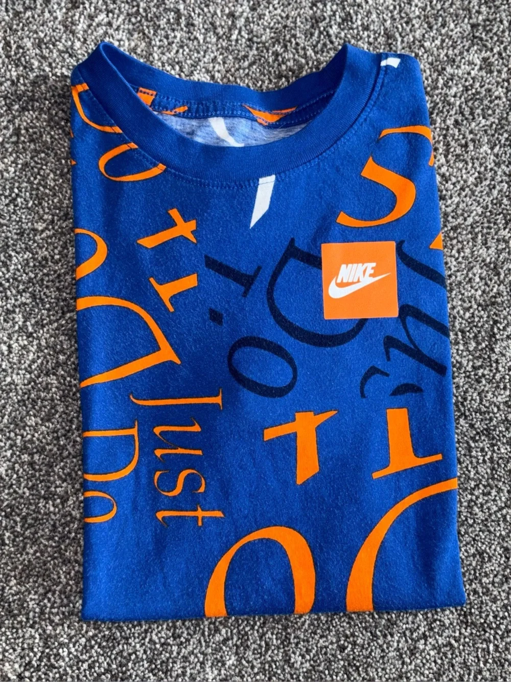Nike Blue Short-Sleeve Tee w/Orange Graphic Letters | Boys MED